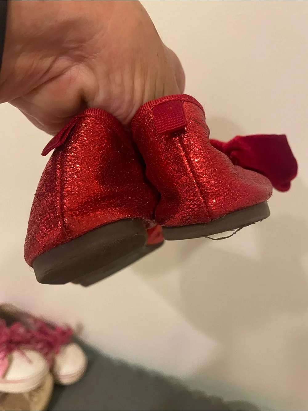 H&M Red Glitter Velvet Bow Slip-On Flats